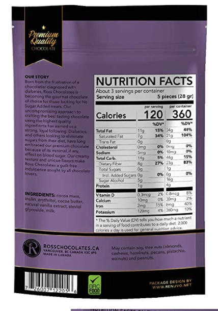 Ross Chocolates - Sugar Free Dark Chocolate-Half Nuts-Half Nuts