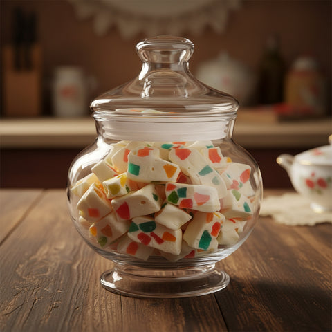Close-up of white nougats or marshmallow candies filled with colorful fruit pieces in red, orange, yellow, green, and blue.