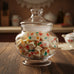 Close-up of white nougats or marshmallow candies filled with colorful fruit pieces in red, orange, yellow, green, and blue.