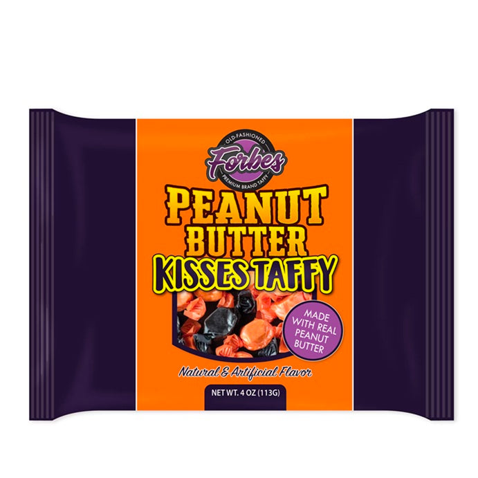 Halloween decorated bag with black and orange peanut butter taffy kisses