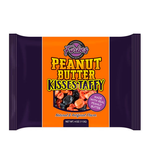 Halloween decorated bag with black and orange peanut butter taffy kisses