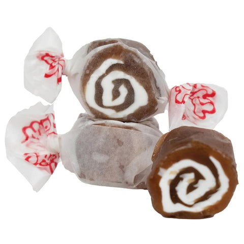 brown and white taffy wrapped in white paper